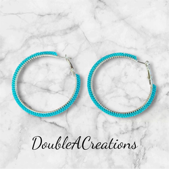 Turquoise Beaded 2” Hoops, New, Handmade by Me - Picture 1 of 4